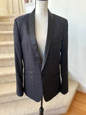 Paisley & Grey Black Plaid & Satin Shawl Collar Single Button Blazer